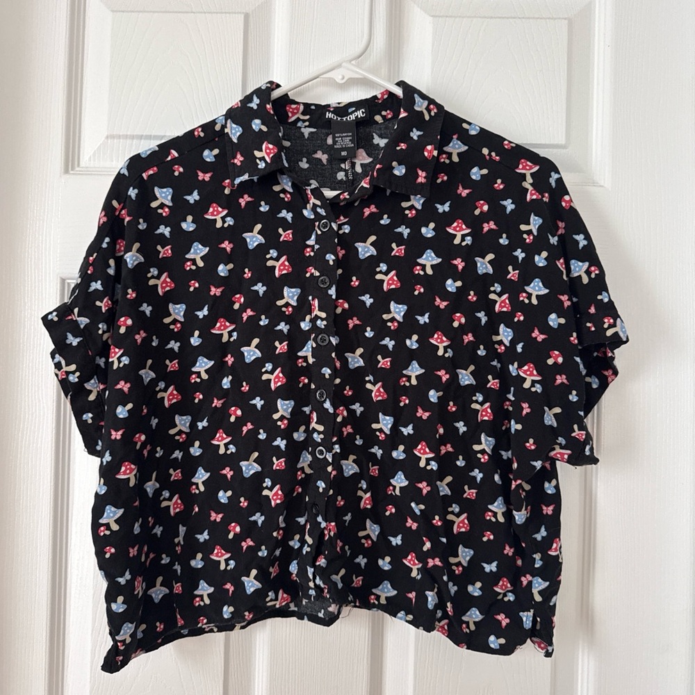 Hot Topic Black Button-Down Top with Red and Light Blue Mushroom Print
